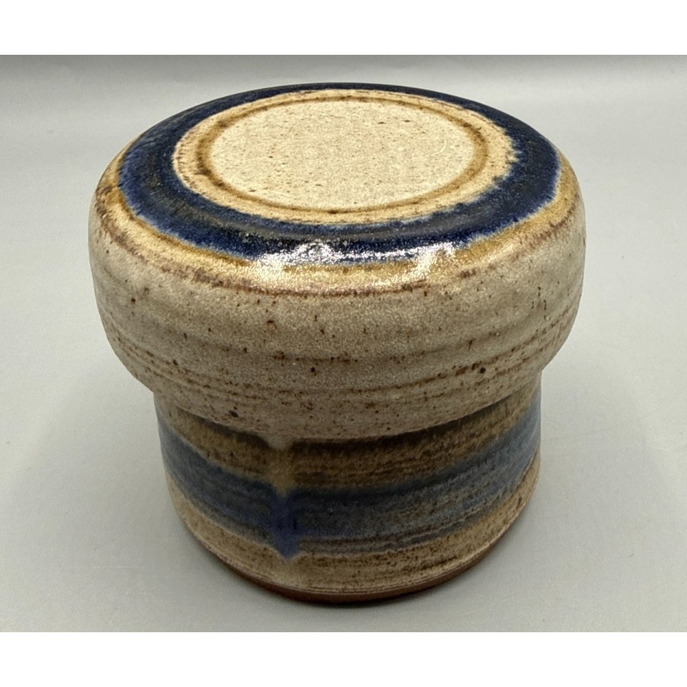 Art Pottery Stoneware French Butter Bell Crock Unsigned Earth Tones, Blues